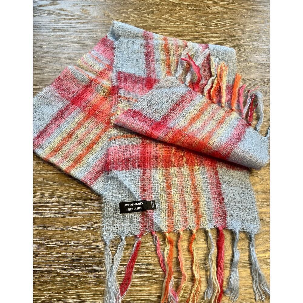 Vintage John Hanley Irish Plaid Mohair Wool Fringe Scarf 72”x11.5”